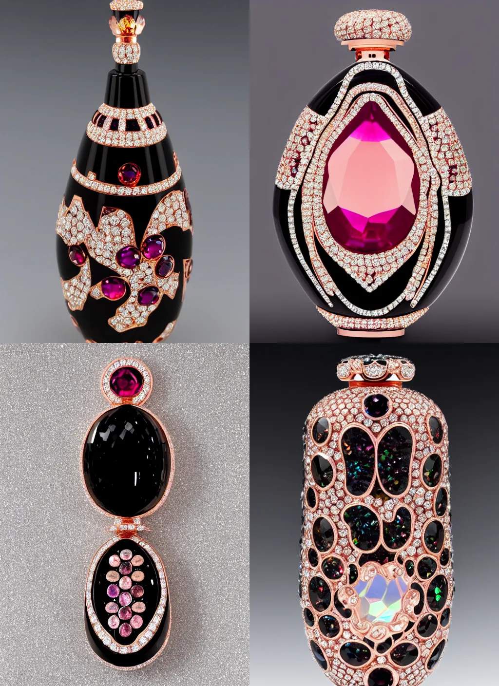 Prompt: elaborate swarovski crystal faberge perfume bottle black and rose gold diamonds opals rubies, 4 k, reflections