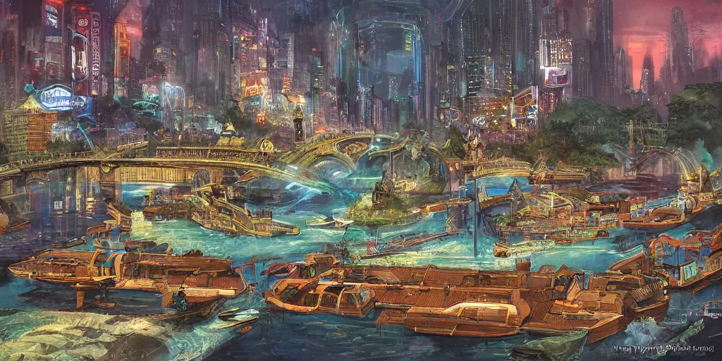 Image similar to magic city with with rivers and aqueducts as streets. various boats. mtg. magic the gathering by yeong hao han