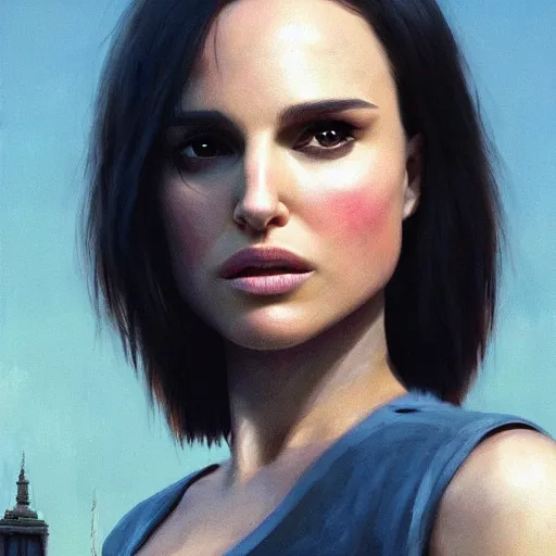 Image similar to closeup portrait of natalie portman from the movie leon the professional, city background, dramatic light, gorgeous view, depth, high detail, digital art, painted by greg rutkowski and seb mckinnon, by tim burton, trending on artstation