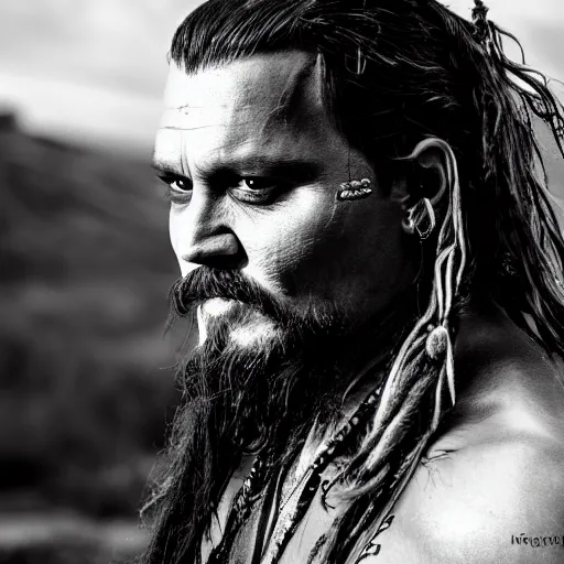 Image similar to portrait of johnny depp as khal drogo from games of thrones, mascular, symmetrical, nikon 3 5 mm photography, ultrarealistic