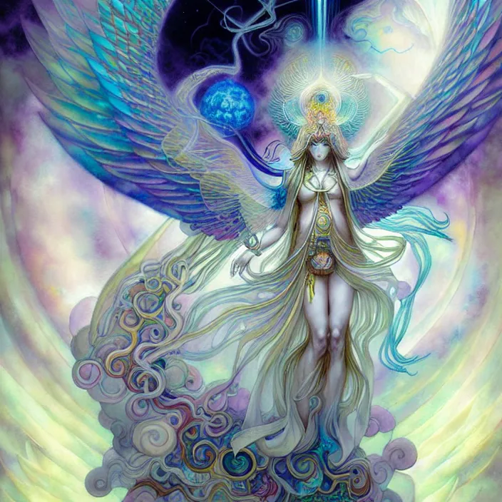 Image similar to psychedelic angelic celestial being by yoshitaka amano, and peter mohrbacher, ayahuasca, sacred geometry, esoteric art, watercolor