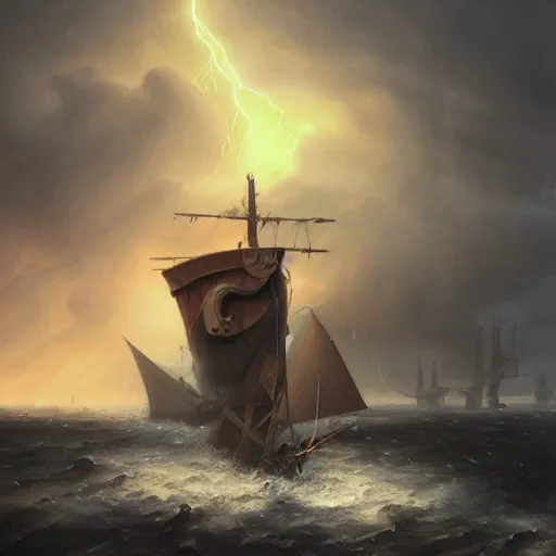 Image similar to a pirate with two wooden legs and two hook hands steering a wooden brigantine through a rain and lightning storm. first person deckhand pov, detailed dynamic light painting by peter mohrbacher