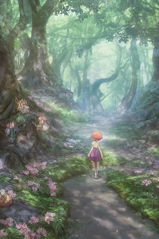 Image similar to forest path, fairy, beautiful ancient trees, hiding large treasure chest, glowing fireflies, serene evening atmosphere, soft lens, soft light, cel - shading, animation, in the style of cgsociety, deviantart, artstation, zbrush, cinema 4 d, studio ghibli, akihiko yoshida, atelier lulua, masamune shirow