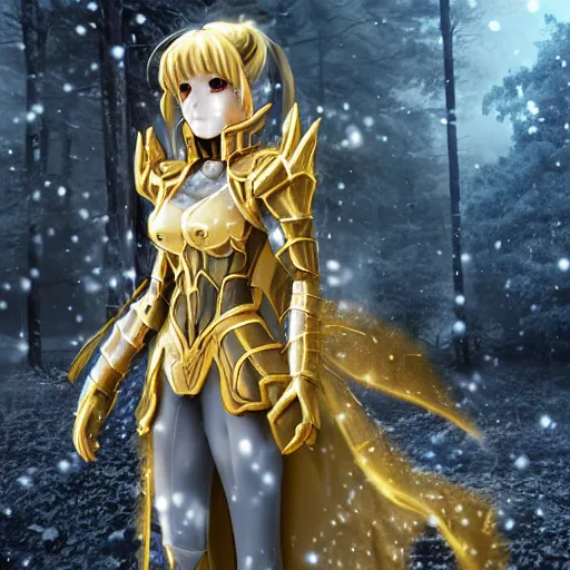 Prompt: full shot portrait focus of beautiful darkness knight 3D anime girl, golden armor wearing, dark forest background, snowing, bokeh, inspired by Masami Kurumada, digital painting, high contrast, octane render, volumetric lighting, high détail