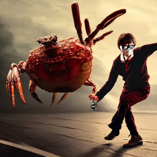 Image similar to harry potter boxing against a giant crab, cinematic shot, realism, 4 k, award winning photograph