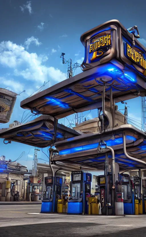 Image similar to steampunk gas station, 4 k, polished, photorealistic, hard edges, zoomed in, very coherent, sharp focus, rim light, exquisite lighting, blue gradient, hard edges, sci - fi, cinematic, octane render