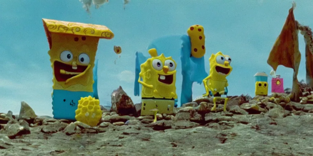 Prompt: spongebob in'the holy mountain'( 1 9 7 3 ) directed by alejandro jodorowsky, movie still frame