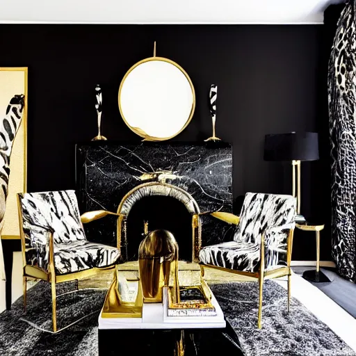 Prompt: mid century modern american life style living room crazy devil interior by kelly wearstler, marble, black velvet, brass, mirror, glare, reflexes, animal skins, art, luxury, hyper realism, ultra detailed