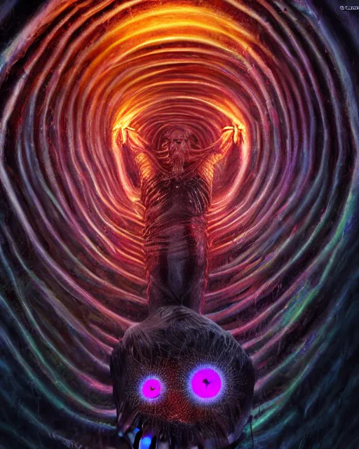 Image similar to realistic portrait of a creature experiment gone wrong, opened portal, psychedelic, dark art, facing camera, photo realistic, detailed, 1 4 5 0, delicate, hyper realism, ultra realistic, 8 k