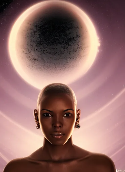 Image similar to symmetry!! a 2 8 mm macro photo of a beautiful young black woman standing in front of a ringed planet with rings in space. cute - fine - face, pretty face, realistic shaded perfect face, dark, concept art, cinematic, dramatic, atmospheric, 8 k, trending on artstation, haze, low visibility, fog, christopher nolan, interstellar