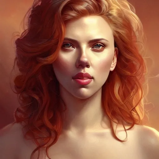 Image similar to Scarlett Johansson , beautiful bone structure, intricate, elegant, highly detailed, digital painting, artstation, concept art, smooth, sharp focus, illustration, art by artgerm and greg rutkowski and alphonse mucha