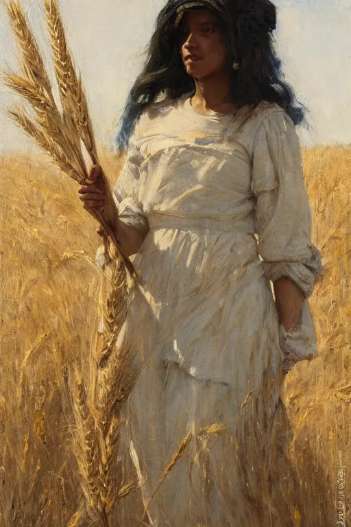 Prompt: Solomon Joseph Solomon and Richard Schmid and Jeremy Lipking painting full length portrait painting of a young woman carrying a sheaf of wheat