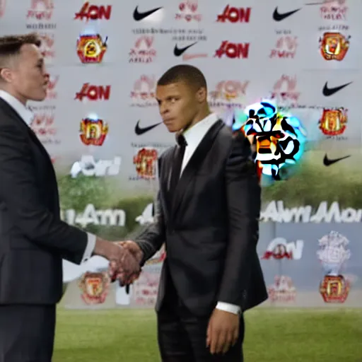 Prompt: photo of manchester united owner elon musk introducing new signing kylian mbappe at a press conference - n 4