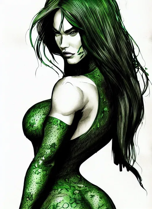 Image similar to concpet art, full shot, traditional ink, sketch, of megan fox as poison ivy, line sketch, intricate, elegant, highly detailed, monochrome, digital painting, artstation, concept art, green, black, red ink sharp focus, illustration, art by borderlands 3 and peter polach