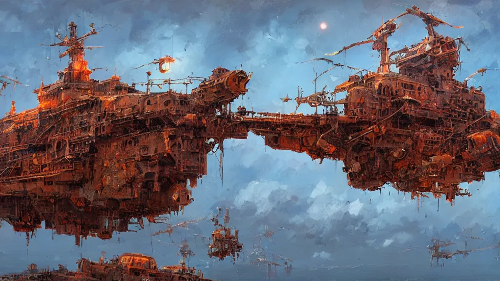 Prompt: A flying rusty ship in the evening sky, intricate, detailed, oil on canvas, concept art, by Ian McQue