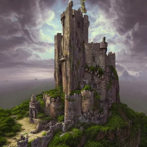 Image similar to a photorealistic painting of an old stone Castle in the sky, Zbrush, artwork by artgerm, a detailed painting by Ansel Adams, vampire bats, lake, Luminescent, Bismuth, Daz 3D, behance contest winner, fantasy art, matte painting, matte drawing, storybook illustration