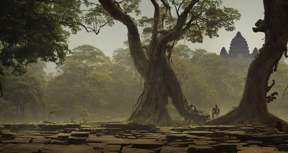 Image similar to Angkor Wat, lushious Jungle landscape, center composition, cinematic, rendered by simon stålenhag, rendered by Beeple, Makoto Shinkai, syd meade, environment concept, digital art, starwars, unreal engine, 3 point perspective, WLOP, trending on artstation, low level, 4K UHD image, octane render,