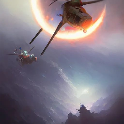 Image similar to a spy doing his mission flying in a helicopter while explosion in the background particles dusty explosion fog made by ivan aivazovsky, peter mohrbacher, greg rutkowski volumetric light effect broad light oil painting painting fantasy art style sci - fi art style realism premium prints available artwork unreal engine