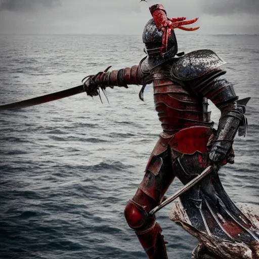 Image similar to a photo of the Lobster Knight walking onto an old run down sailship with a claw arm and a human arm holding a sword, 8k, hyper realistic,fine details, foreboding