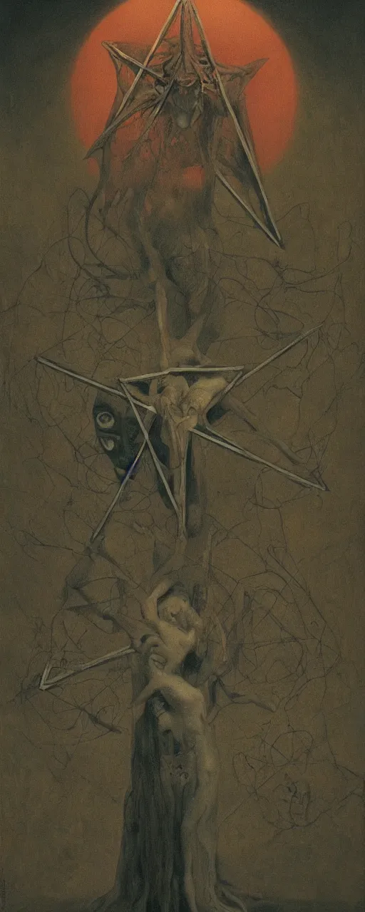 Image similar to Child summoning a demon, pentagram, dark house, painted by Zdzisław Beksiński