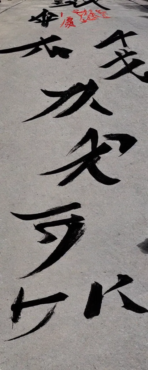 Image similar to a beautiful calligraphic kanji painted on the street, akira style, hyper realistic, natural light