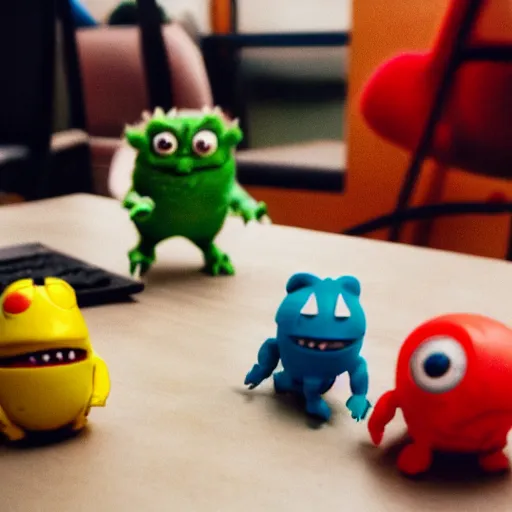 Image similar to a 35mm photo of adorable little toy monsters holding a meeting