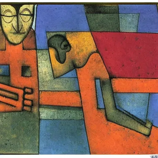 Prompt: Two mechanical beings in a deep conversation. Dali. Paul Klee.