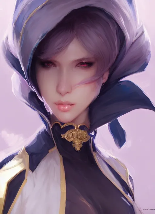 Image similar to leblanc, wide angle view, white, black, blue, pink, gold, highly detailed, artgerm, cushart krenz, zeronis, sakimichan, trending on artstation, soft light, sharp edges, illustration, character design, concept art