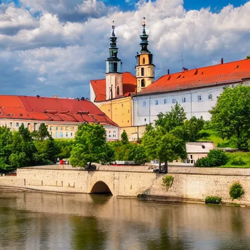 Prompt: City of Znojmo, beautiful city landscape, river Dyje, cathedral