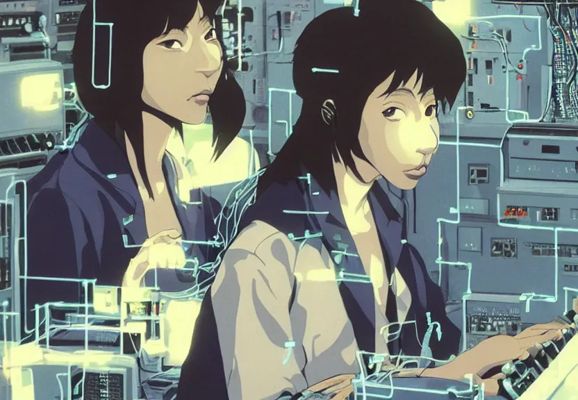 Image similar to dark skin woman wearing a white lab coat with a blue wolf haircut, body connected to wires and connected to 1 9 8 0 s computers, painted by yoshitoshi abe and makoto shinkai, in the style of serial experiments lain, dynamic lighting, dark ambience, 3 5 mm, cell - shaded, detailed face, retro