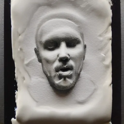 Prompt: a liquid white clay porcelain portrait of a dude face melt down flow go runny, realistic detailed watercolor polaroid, grainy image, contrast