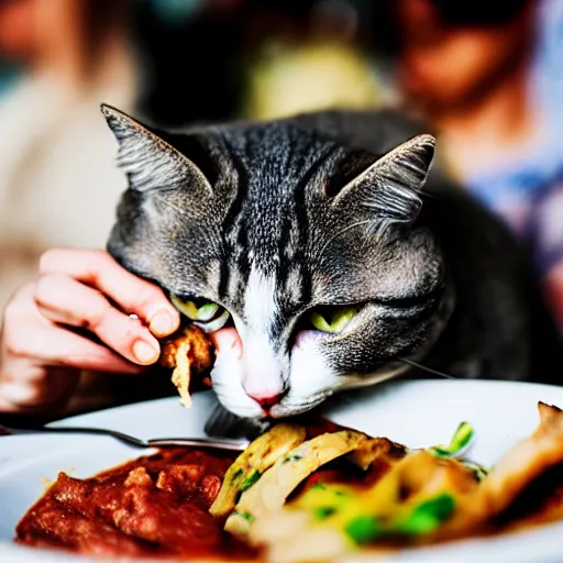 Image similar to grey brittish short hair cat eating kebap, animal photography, food photography