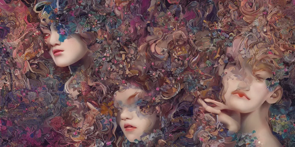 Image similar to breathtaking detailed concept art painting kaleidoscope art deco pattern of blonde faces goddesses amalmation flowers, by hsiao - ron cheng, bizarre compositions, exquisite detail, extremely moody lighting, 8 k