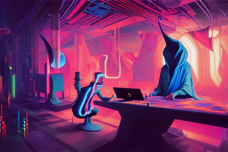 Image similar to a beautiful masterpiece painting of a technomancer wizard in robes with pointed hood creating a synthesized AI djinn in his laboratory near a computer by Remedios Varo and Anato Finnstark and Greg Rutkowski, dayglo pink, dayglo blue, dazzle camouflage