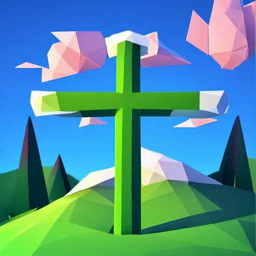 Image similar to vector, low poly, white cross icon, on a hill, sunset background, cgsociety, volumetric lighting, artstationhq