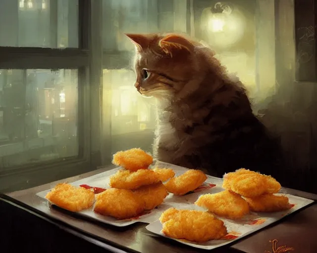 Prompt: a cat eating chicken nuggets from mcdonald's, very detailed digital art, dynamic lighting, moody atmosphere, dark background, 4 k portrait art by artgerm, greg rutkowski, craig mullins