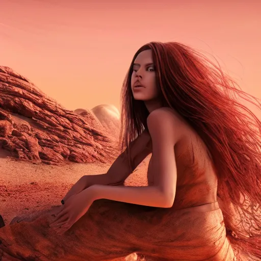 Prompt: Still of a Martian woman with gorgeous flowing hair on Mars, sitting on a Martian rock, photorealistic facial features, cinematic analog photography, reddish atmosphere with detailed highlights, dark gloomy sky cascading upon the atmosphere, well-detailed ornate Martian mountains in the background, trending on artstation, 4k, 8k