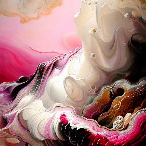 Prompt: a painting of white and pink swirls on a mountain, a detailed painting by hua yan, rembrandt, deviantart, analytical art, detailed painting, oil on canvas, fluid, molten, splash, effects, high detail