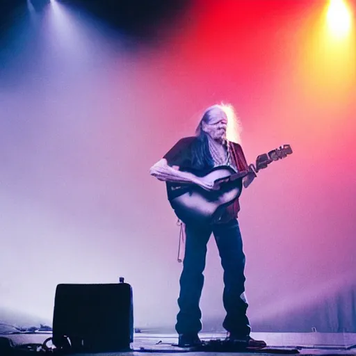 Prompt: willie nelson on stage, guitar. god rays through fog.