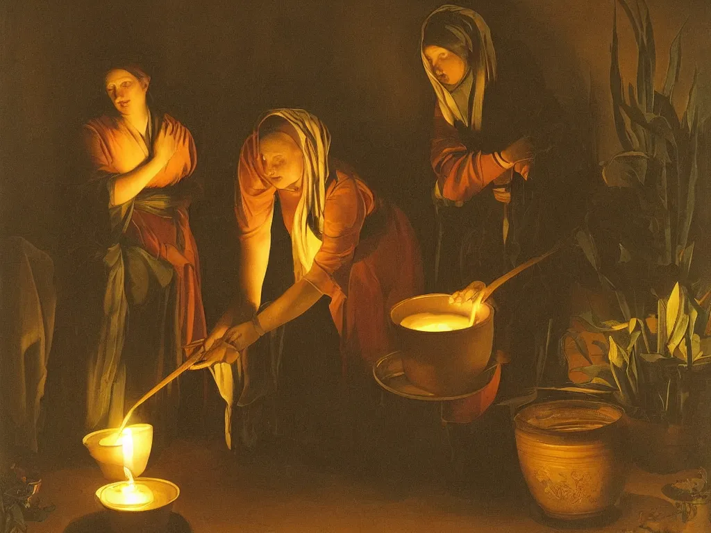 Image similar to Woman planting a large Aloe Vera in a pot. Candle light. Painting by Georges de la Tour.