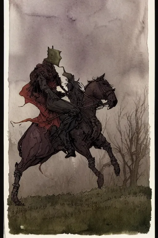 Prompt: a simple and atmospheric watercolour portrait of a the headless horseman on halloween, very muted colors, by rebecca guay, michael kaluta, charles vess and jean moebius giraud