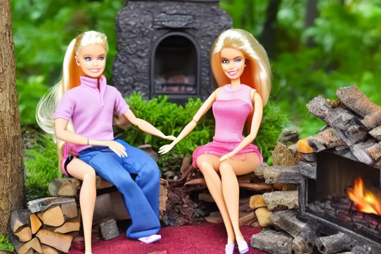 Image similar to Barbie and Ken sitting in the forest near the fireplace, Ken's face is melting, night, high-resolution photo,