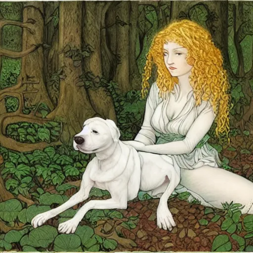 Image similar to girl with curly blonde hair sits in a forest with a white pitbull next to her, highly detailed, painting by rebecca guay