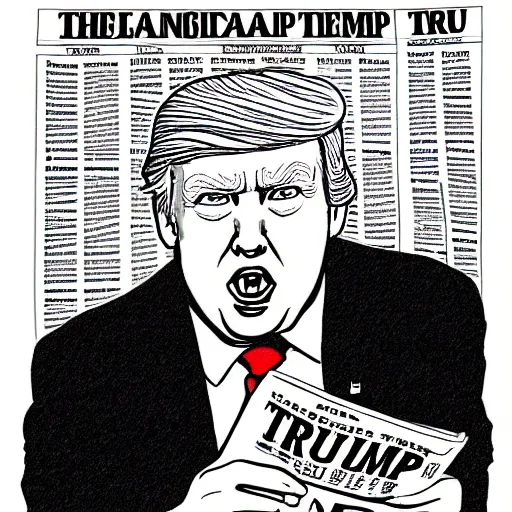 Image similar to close - up portrait of donald trump eating newspapers, by robert crumb, black and white drawing, very intricate