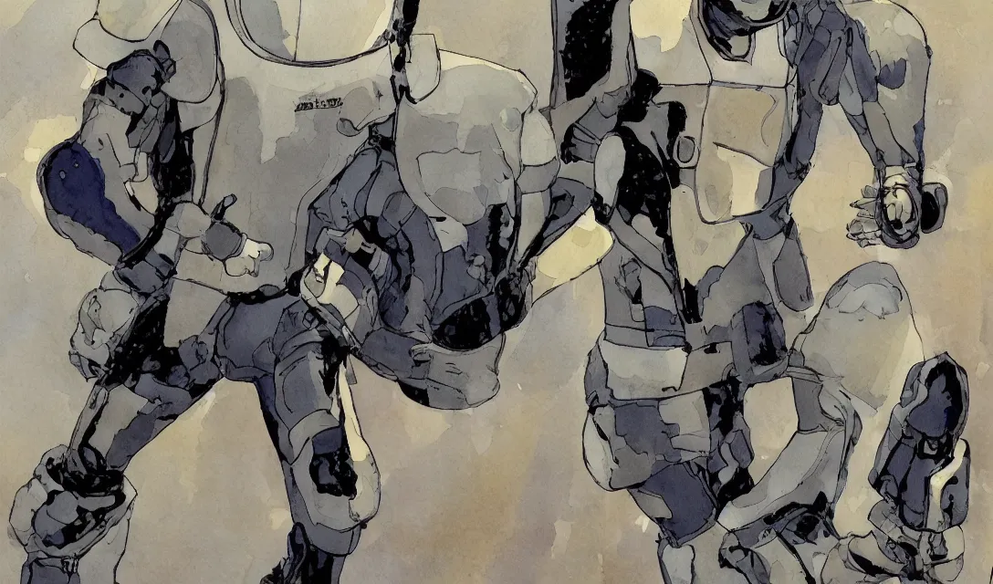 Image similar to male, full body, modern space suit, very stylized character design, large shoulders, short torso, long thin legs, tiny feet, science fiction, hyperdetailed, technical suit, shoulderpads, watercolor digital painting, in style of mike mignola, by alex maleev, jean giraud, painted by leyendecker