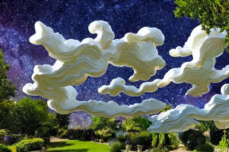 Image similar to a huge flock of many intricate elegant french horn cloud sculptures, art nouveau garden environment, soothing, milky way, award winning art, epic dreamlike fantasy landscape, ultra realistic,