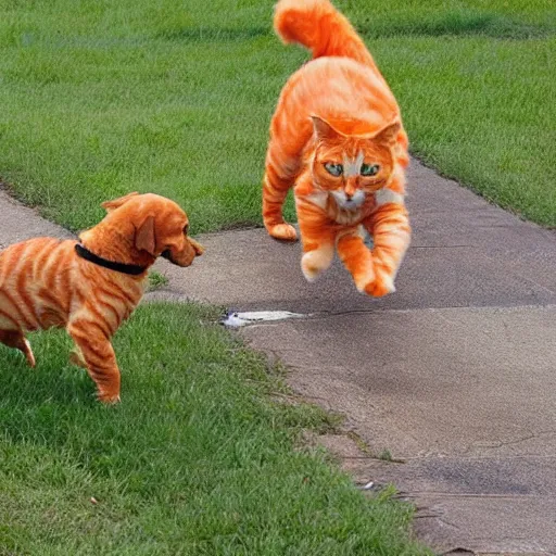 Prompt: a giant orange cat chasing after a little puppy dog