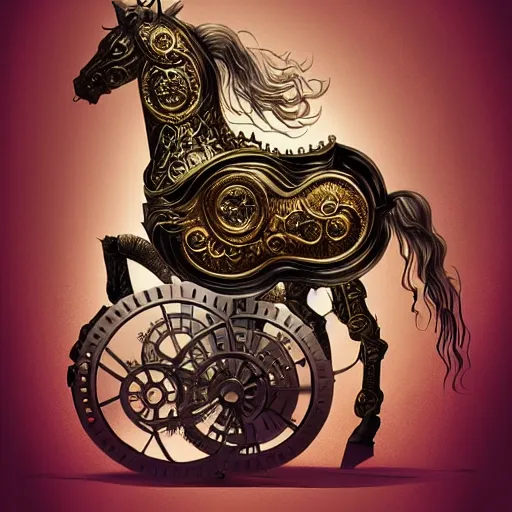 Prompt: Intricate Clockwork Horse Melded with and Pulling an Ornate Carriage, Trending on Artstation