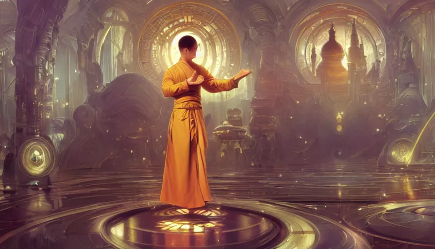 Image similar to a religious scifi room, monk doing tai chi on a floating circular platform in the center, symmetrical shot, center framing, elegant, cinematic shot, intricate digital painting artstation concept art smooth sharp focus illustration, art by artgerm and greg rutkowski and alphonse mucha