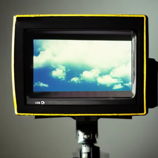 Image similar to a professional studio photograph of five 90s television VHS combo playing a video of clouds, key light, 50mm, shallow depth of field, no artefacts